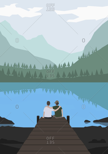 Illustration of friends sitting on pier by lake against mountains