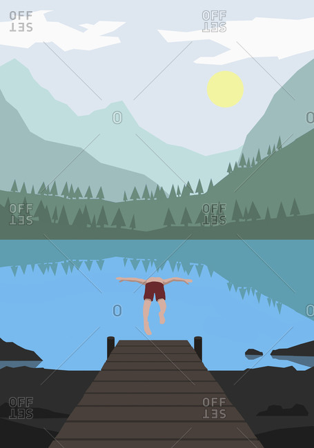 Illustration of man diving into lake against mountains