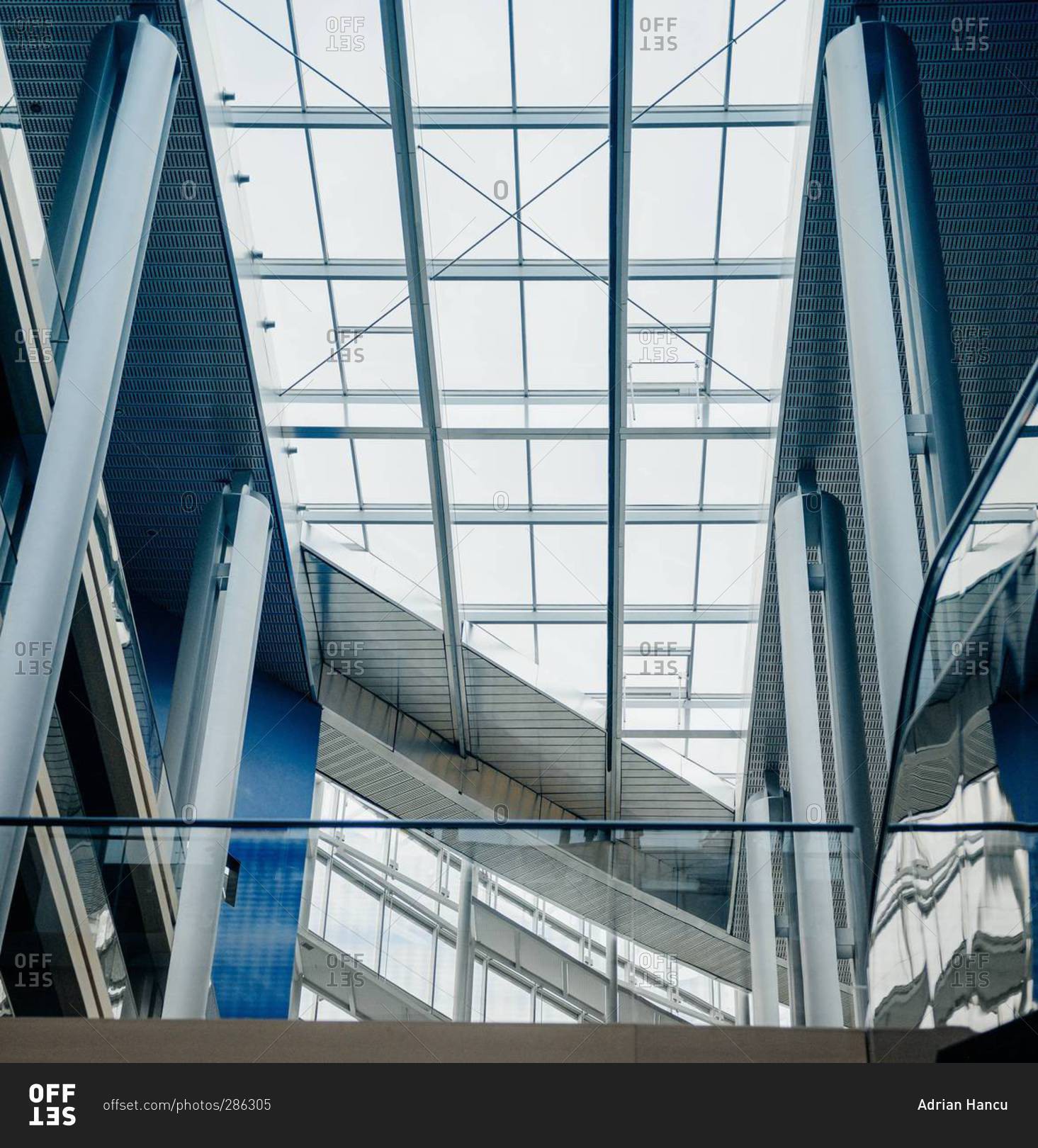 Strasbourg, France - May 02, 2015: Interior of the Seat of the European Parliament with stairs and glass ceiling