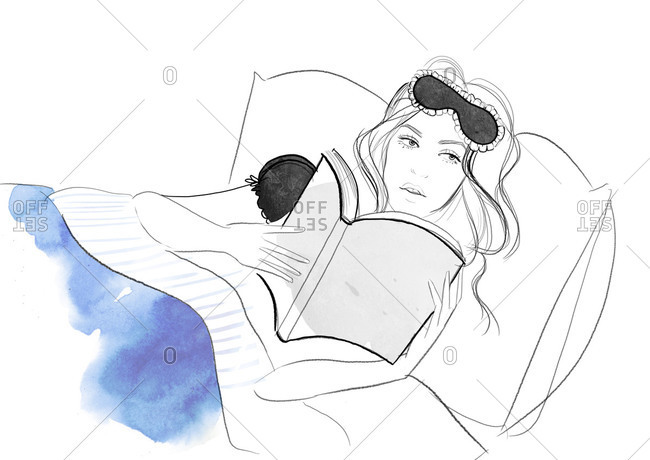 Illustration of woman lying in bed reading a book