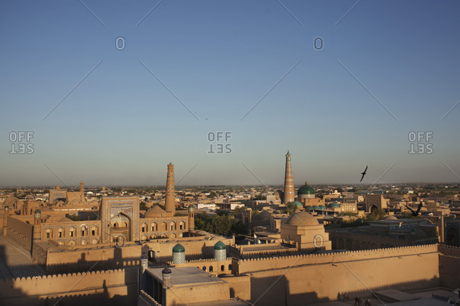 Cityscape of the old city of Khiva at sunset, Uzbekistan