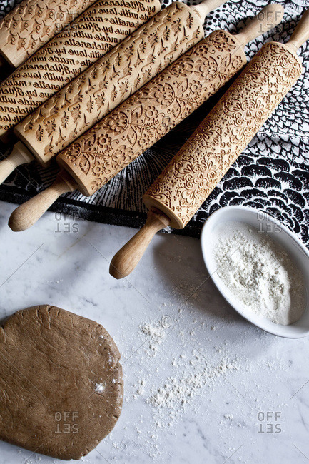 Decorative Embossed Rolling Pins And Dough Stock Photo Offset