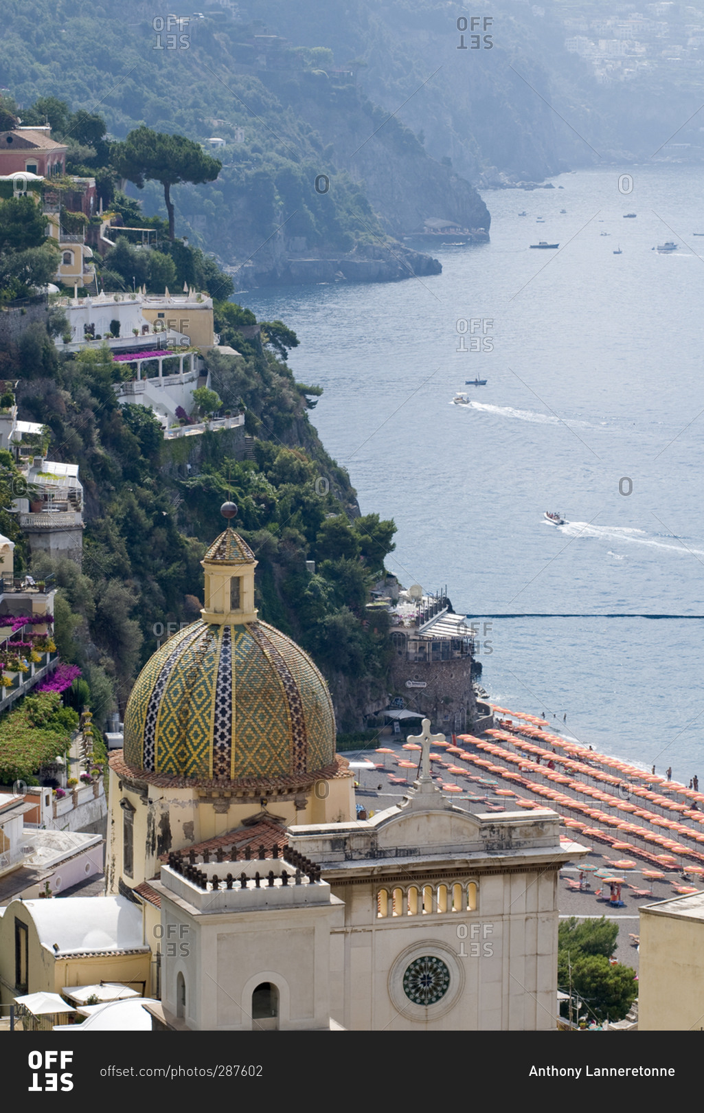 View of architecture and shoreline in Positano on the Amalfi Coast in Italy