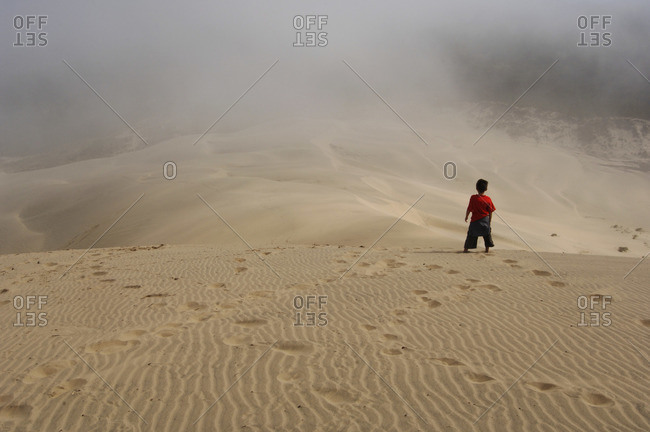 Boy Standing on Sand Dunes, Siuslaw National Forest, Oregon, USA