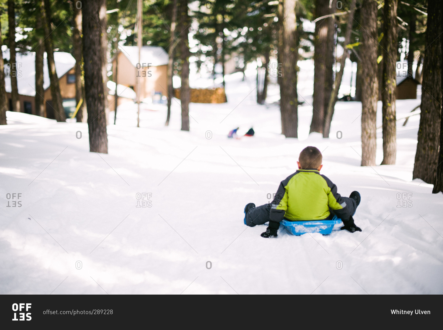 Boy sledding down a hill in winter