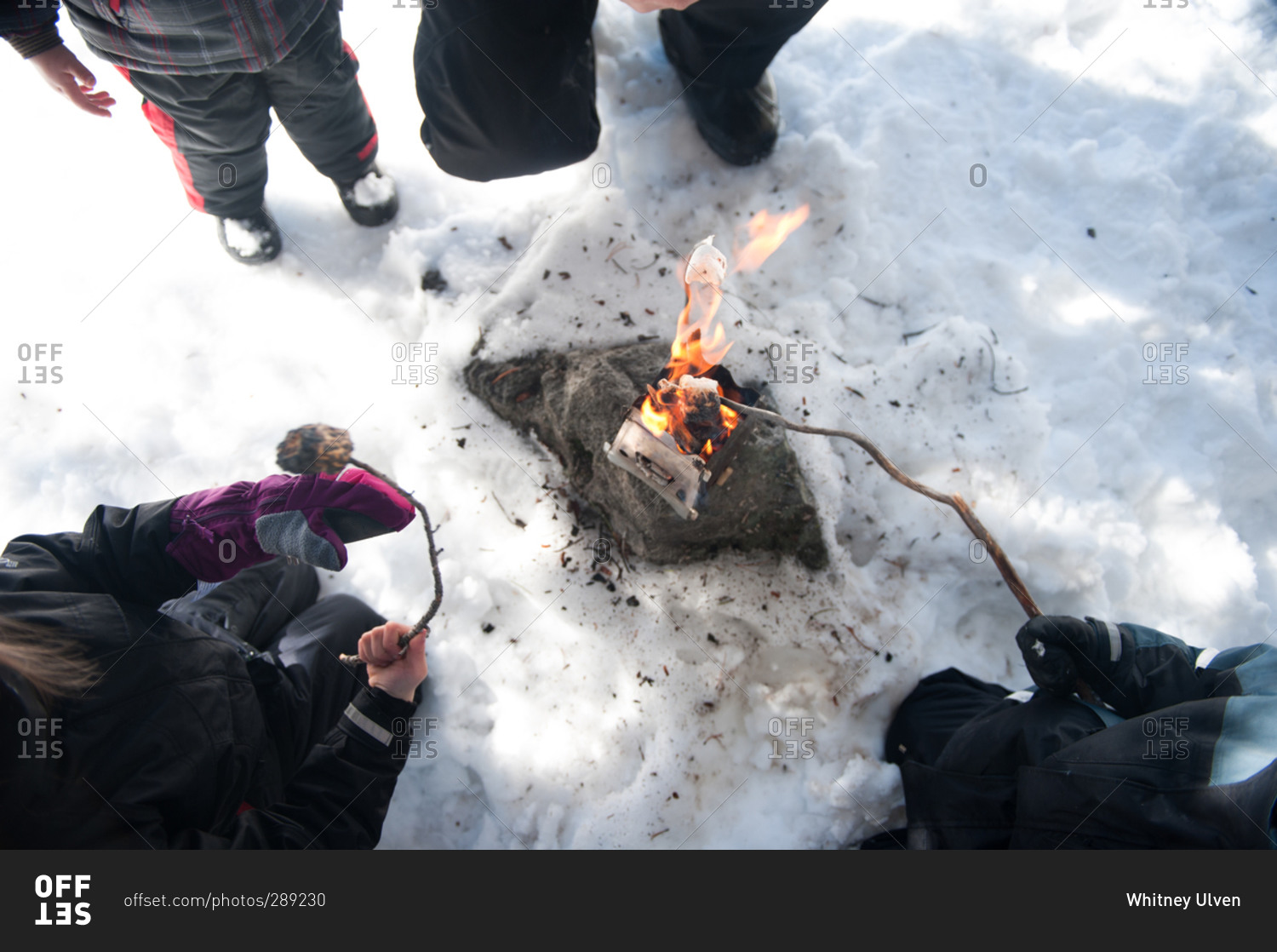 Family roasting marshmallows in the winter