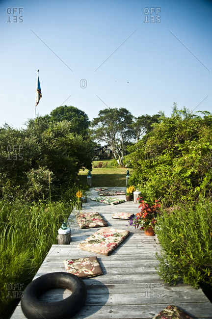 Montauk, New York - July 23, 2011: Dock with cushions at Chandelier Creative's Surf Shack