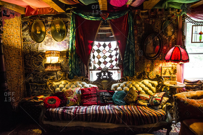 Cottekill, New York - July 24, 2014: Living room inside Kat O'Sullivan's technicolor home