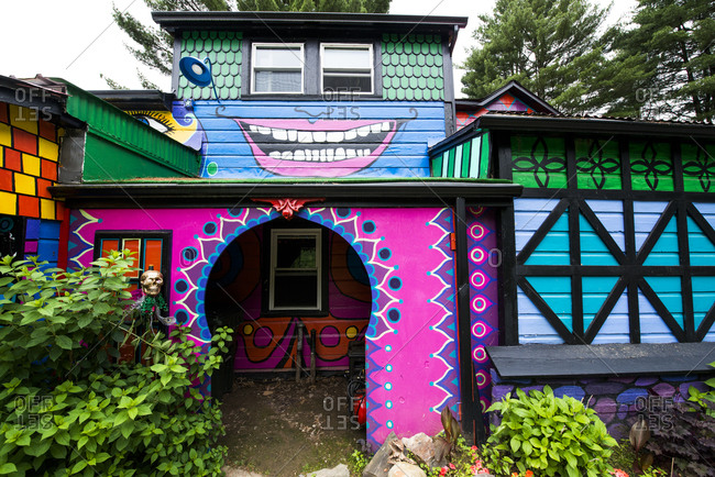 Cottekill, New York - July 24, 2014: Designs and pictures on Kat O'Sullivan's technicolor home