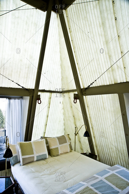 Stanfordville, New York -  April 3, 2011: Bed inside Plastic Tent House designed by John M. Johansen