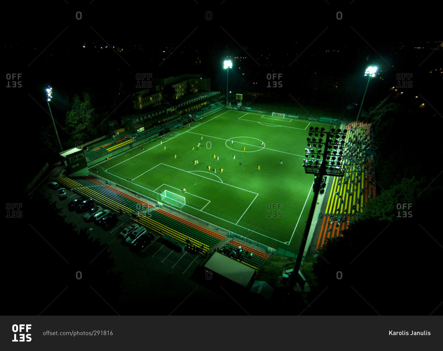 Aerial view of a football game at Lithuania National Stadium at night