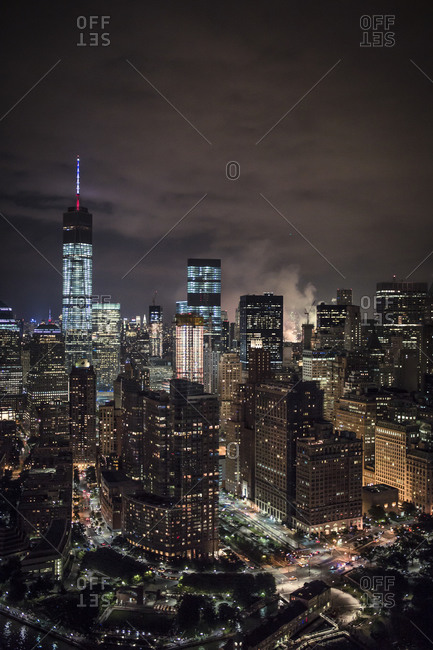 New York City, NY, USA - July 4, 2015: View of lower Manhattan illuminated at nighttime, New York City, NY