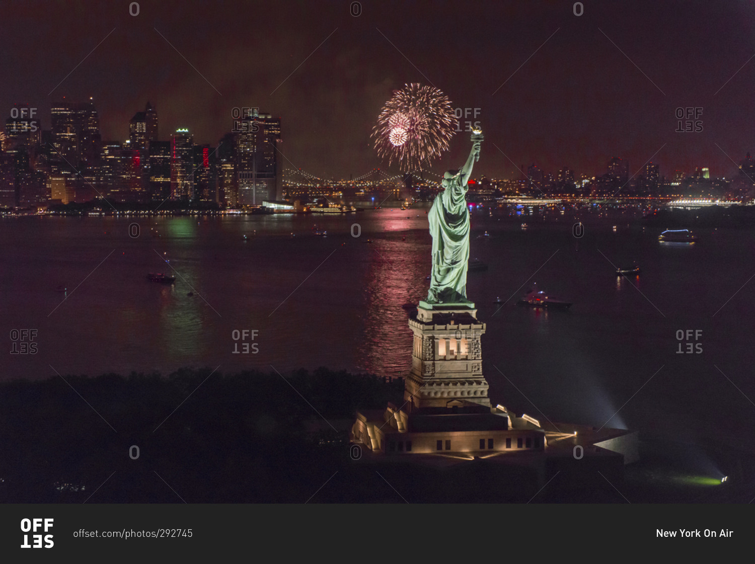 Fireworks with a view of The Statue of Liberty, New York, NY stock