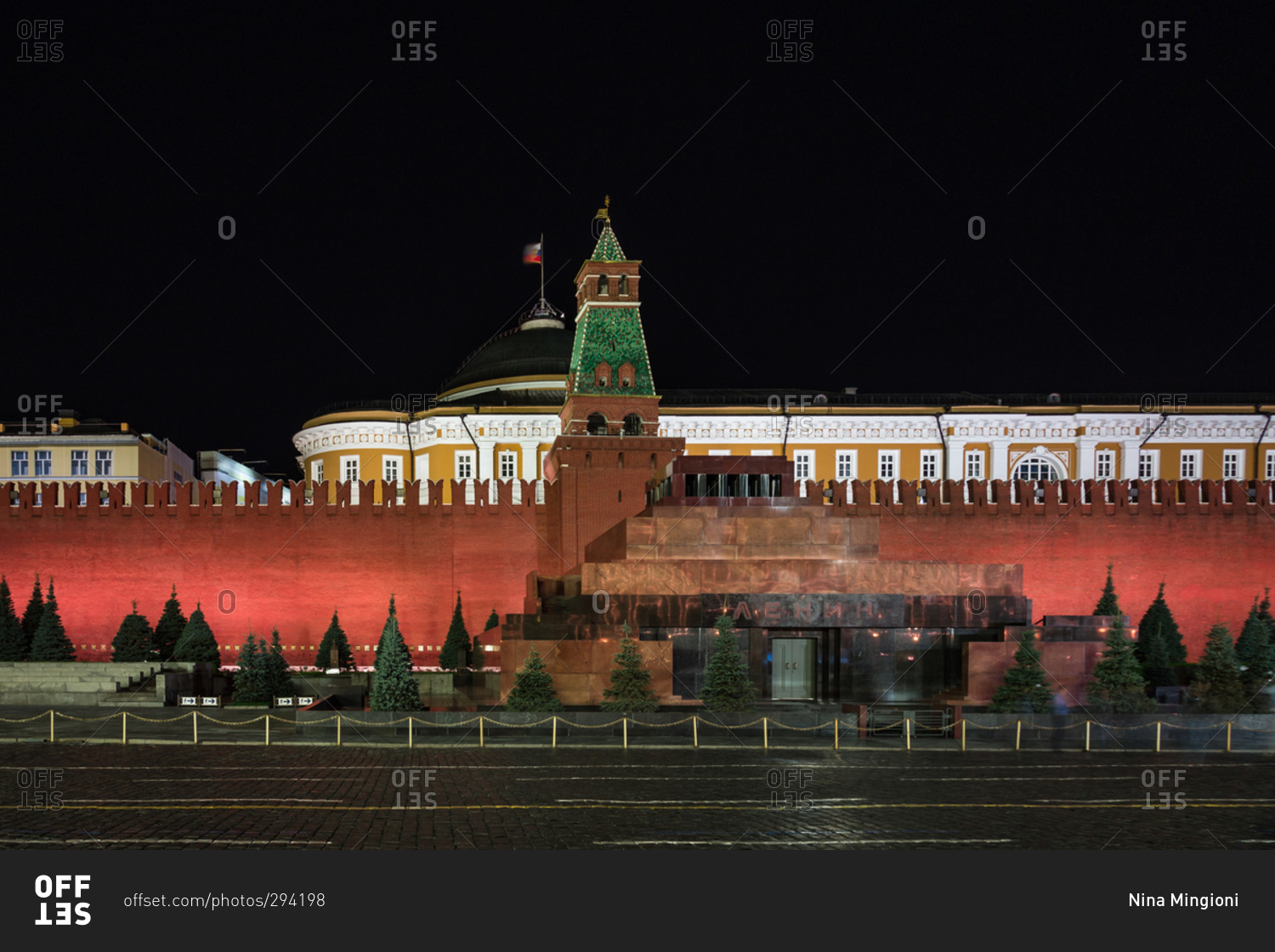 Lenin's Tomb stands in Moscow's Red Square with the brick-walled Kremlin in background