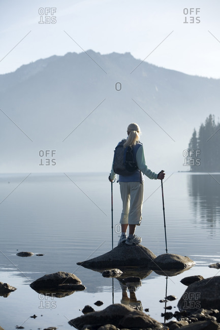 Woman hiking near Fallen Leaf Lake, Lake Tahoe, CA