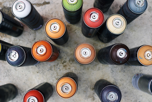 Spray paint cans from above