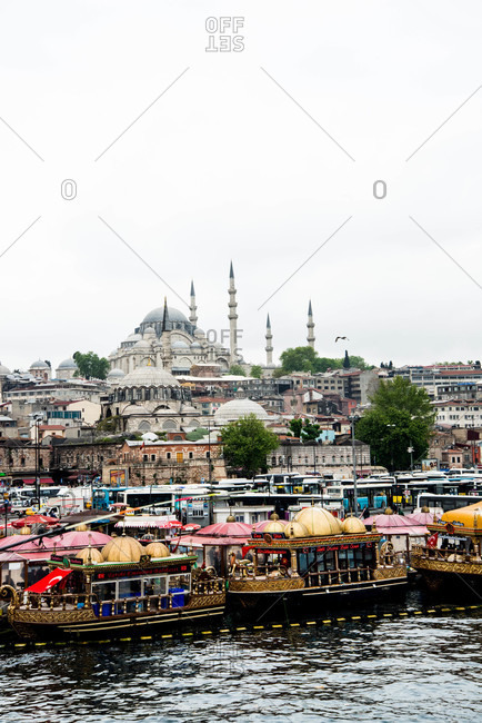 Istanbul, Turkey - May, 2014: Boats along shore near Hagia Sofia, Istanbul