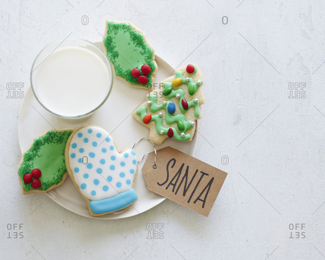 Christmas cookies on a plate with milk for Santa