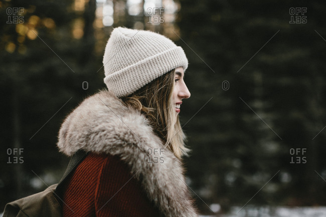 Profile of woman in country in winter