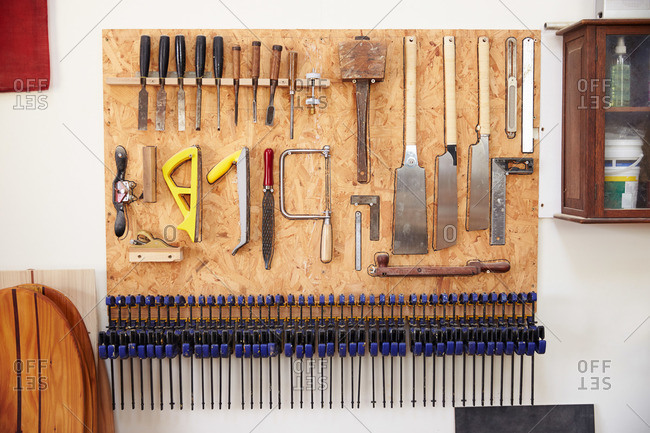 Woodworking Tools Hanging On The Wall Of A Work Stock Photo Offset - Tool Hanging Wall Board