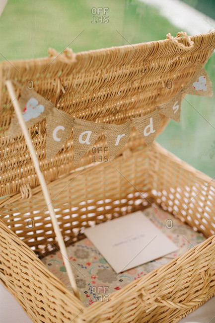 Wicker Box For Wedding Cards At Reception Stock Photo Offset