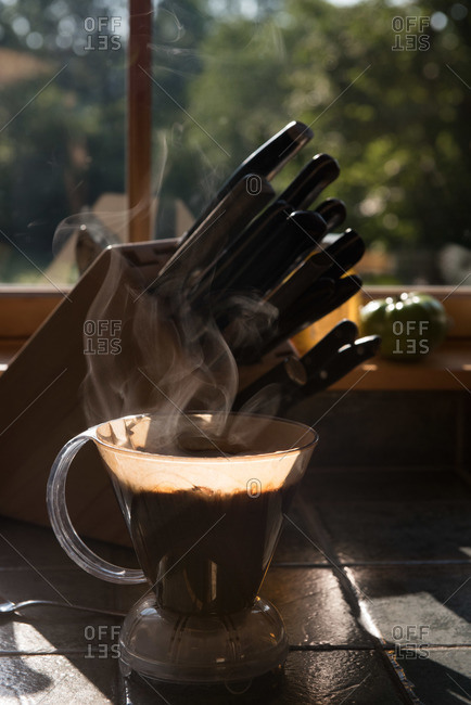 A cone of coffee brewing