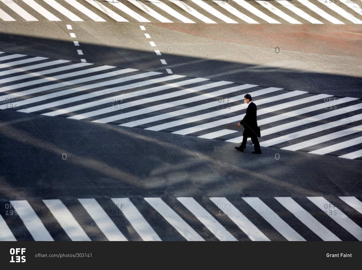 Elevated view of a businessman walking at Shibuya Crossing, Tokyo, Japan