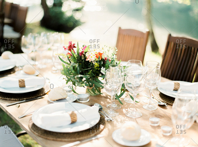 Elegant Table Set For Outdoor Wedding Reception Stock Photo Offset