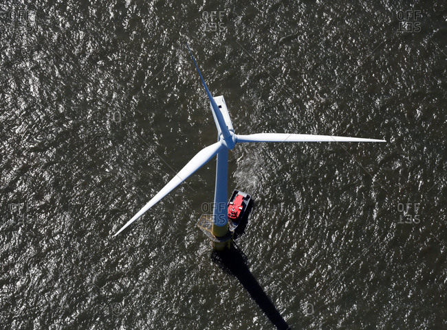 Wind turbine on a wind farm in the North Sea, England