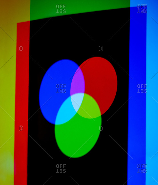 Additive primary colors Three colored lights being shone onto a surface