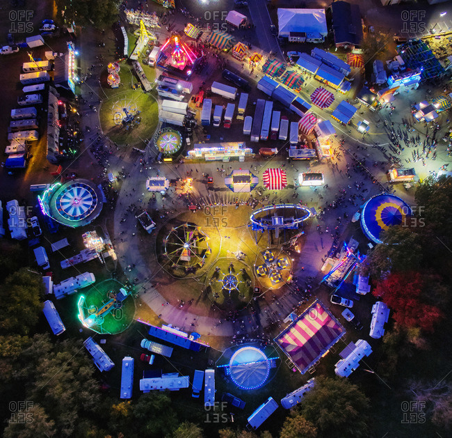 Aerial view of a carnival at night stock photo - OFFSET