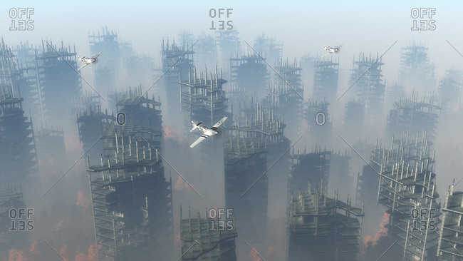 Airplanes flying over misty war zone with demolished buildings