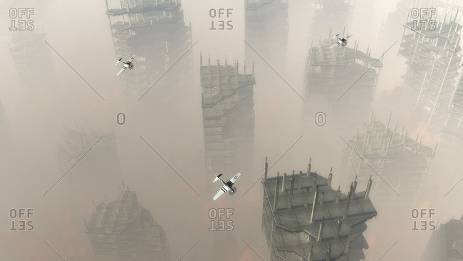Planes flying over demolished buildings in a hazy war zone