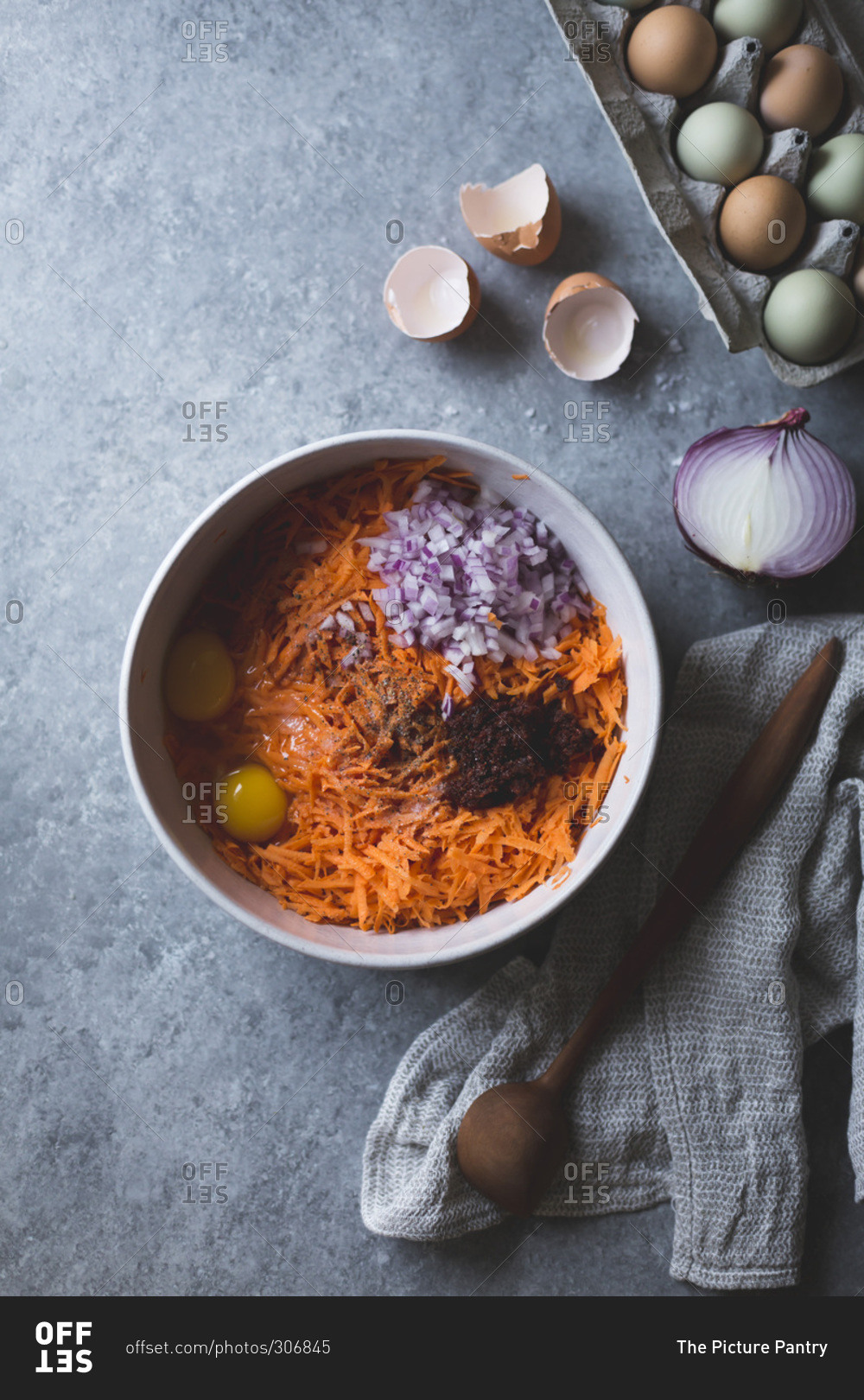 Ingredients for harissa sweet potato latkes, gluten-free in a bowl