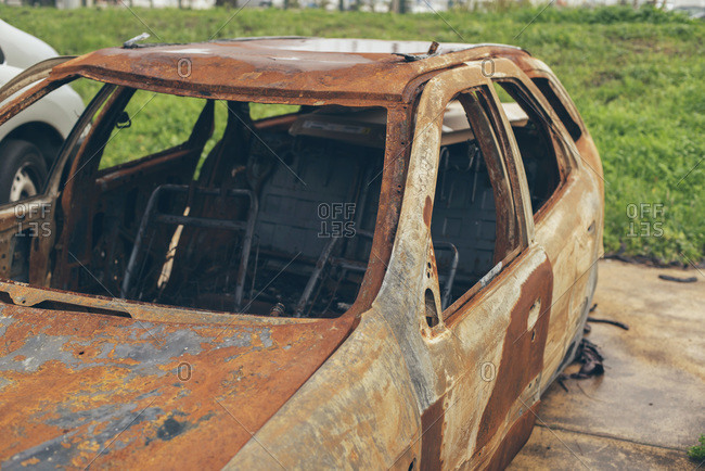 Close-up of a burnt out car