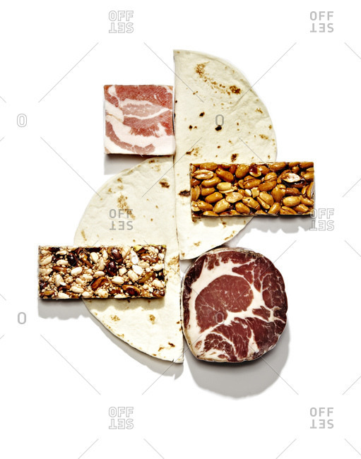 Meat, tortilla halves, and granola bars