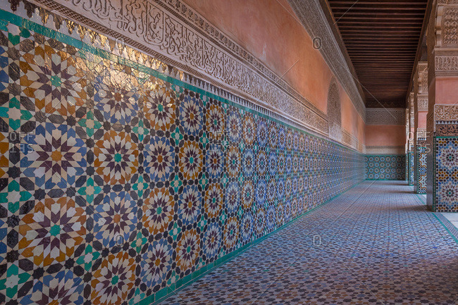 Tile work at Ben Youssef Madrasa in Marrakech, Morocco