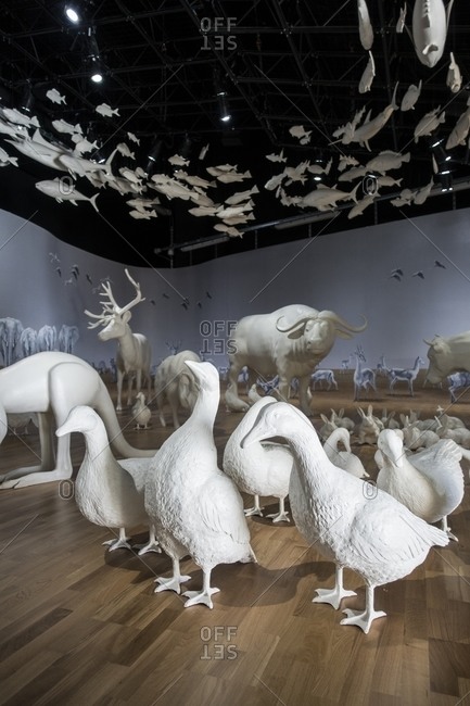Milan, Italy - December 28, 2015: Wildlife sculptures in Zero pavilion at the Milan Universal Exposition 2015