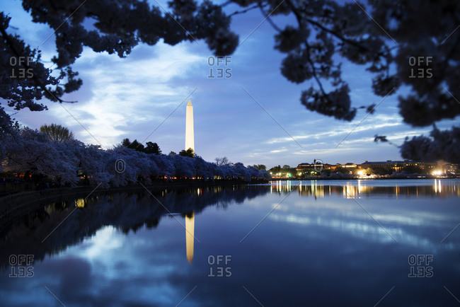 Washington Monument and Tidal Basin at dusk in Washington, DC