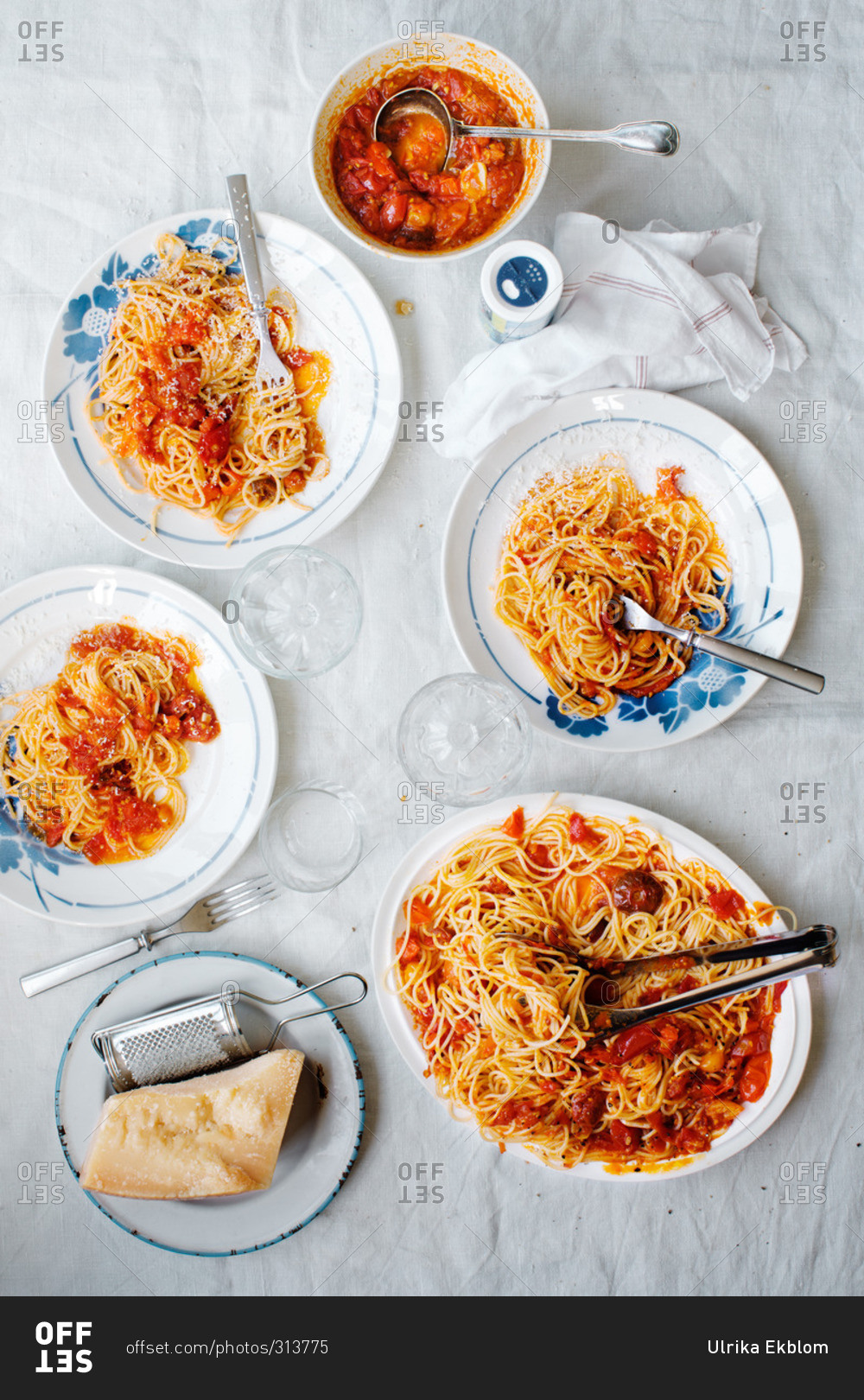 Blue floral plates filled with spaghetti and tomato sauce