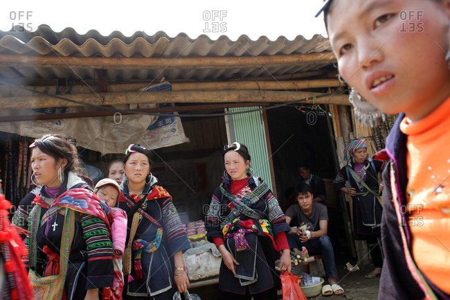 Northern Vietnam - March 16, 2012: Black Hmong women in Lao Cai village near Sapa