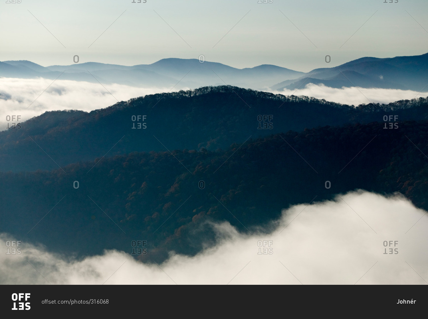 Mountain peaks and a foggy valley, Wayah Bald, North Carolina, USA