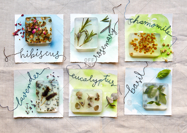 Homemade soap with suspended herbs