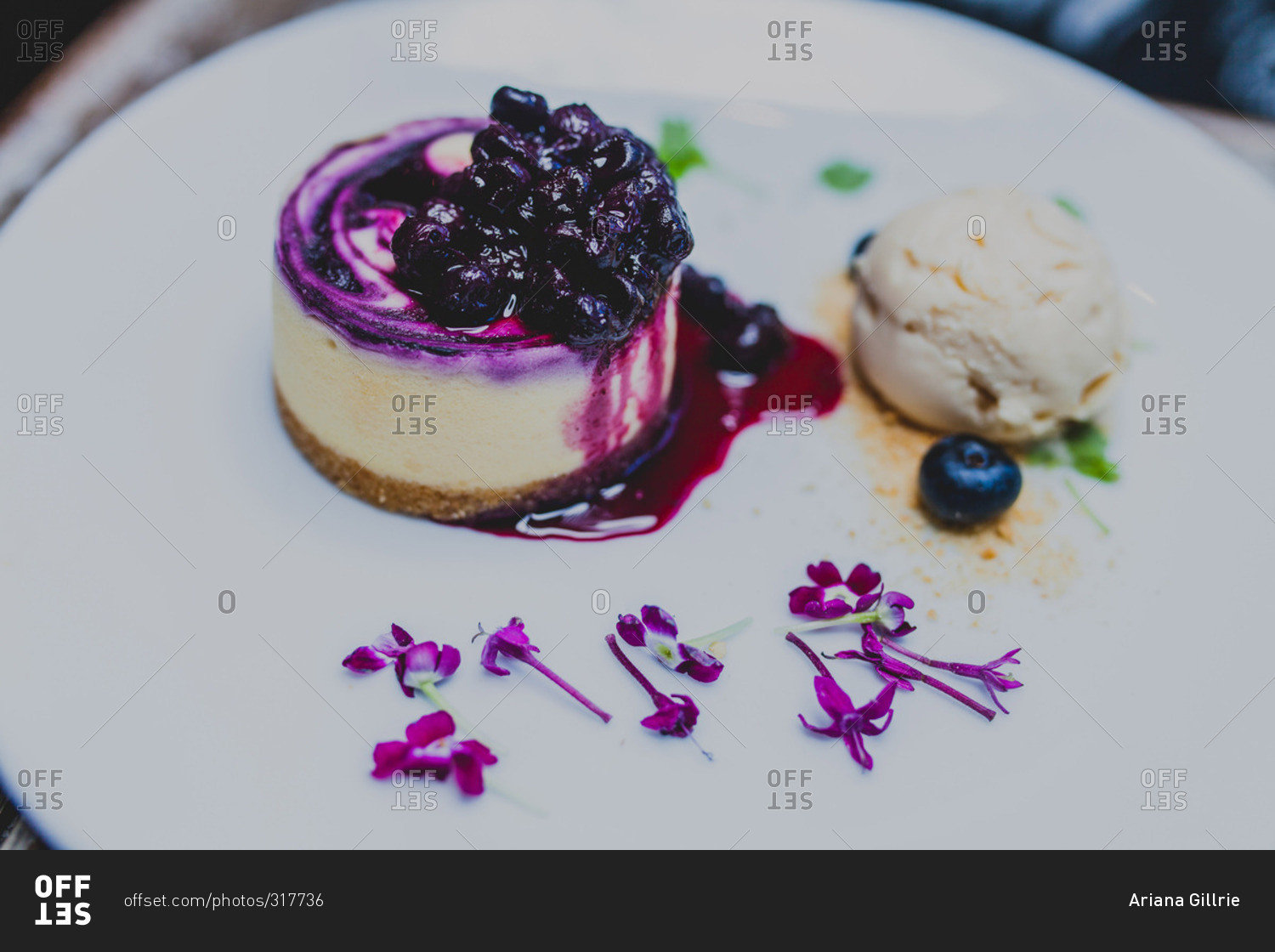 Elevated view of blueberry cheesecake with ice cream and purple flowers
