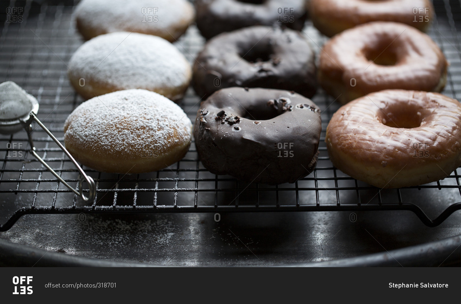 Close up of donuts on a wire baking rack
