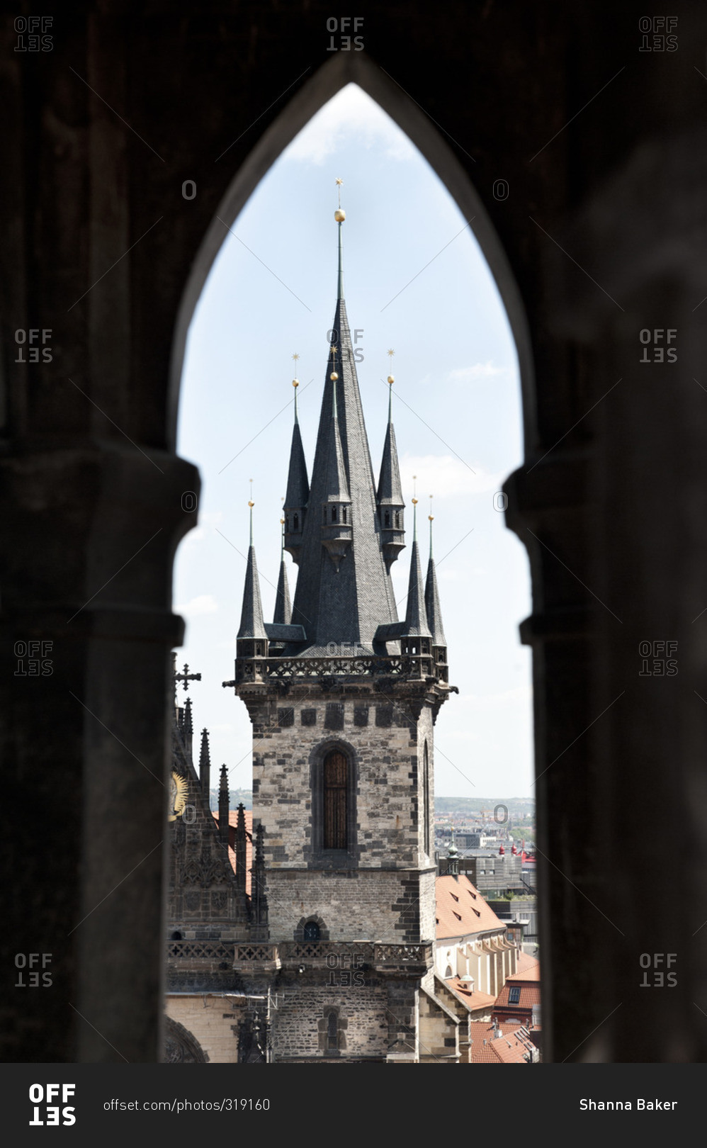 Tower of Church of Our Lady before Tyn through gothic window