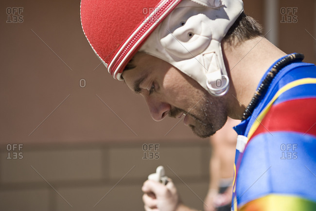 Man wearing a strange helmet