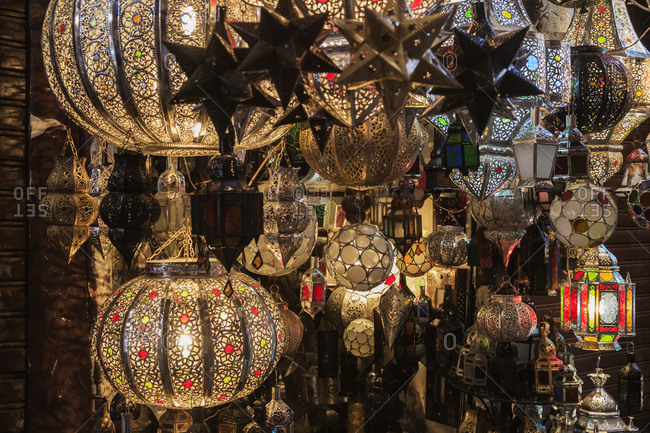 Close up of ornate traditional lamps and lanterns