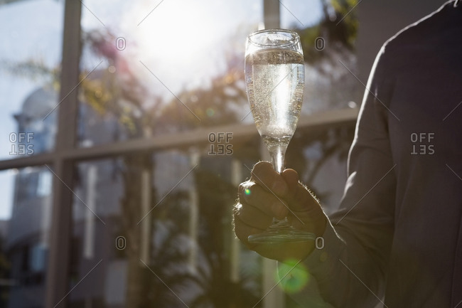 Man toasting with champagne with lens flare