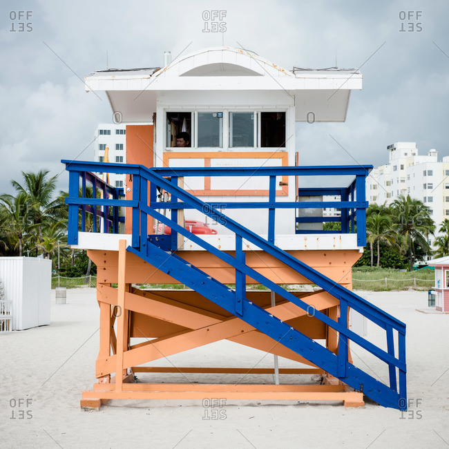 Miami, Florida, USA - September 29, 2015: Blue and peach lifeguard house on Miami Beach, Florida